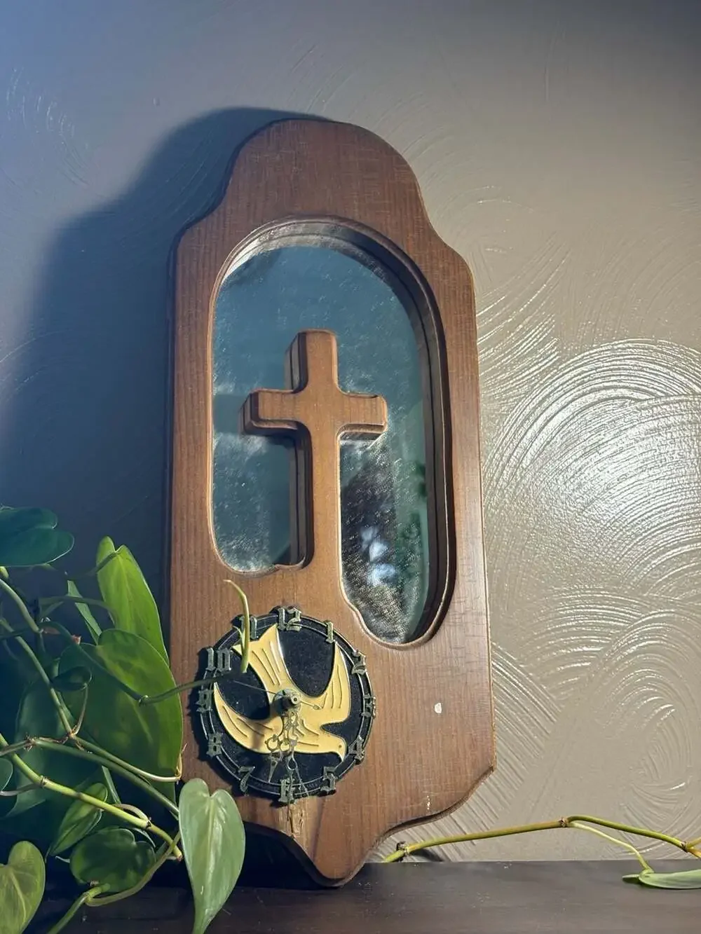 Vintage Handcrafted Wooden Wall Clock with Cross Mirror and Dove Motif